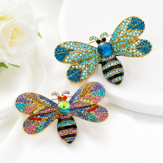 2pcs Crystal Bumble Bee Brooch Set Blue and Multicolor Rhinestone Pins