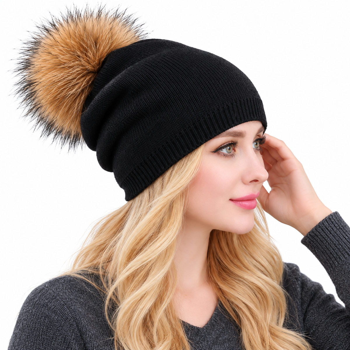 Women's Black Cashmere-Blend Beanie with Detachable Fur Pom Pom