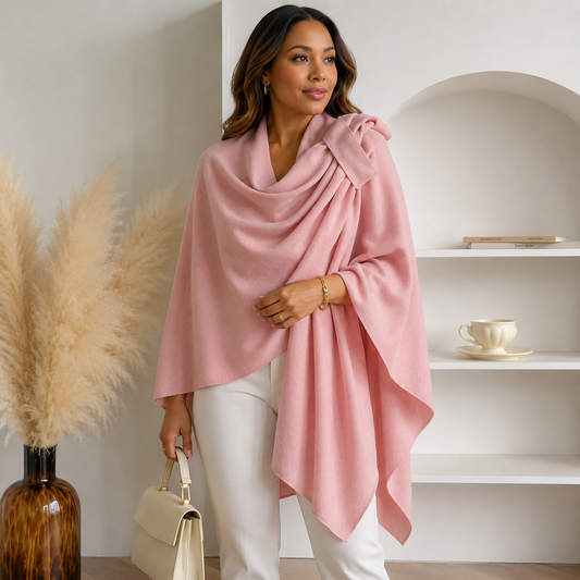 Women's Knit Poncho Cape Wrap Shawl Cashmere Feel Pink  Open Front One Size