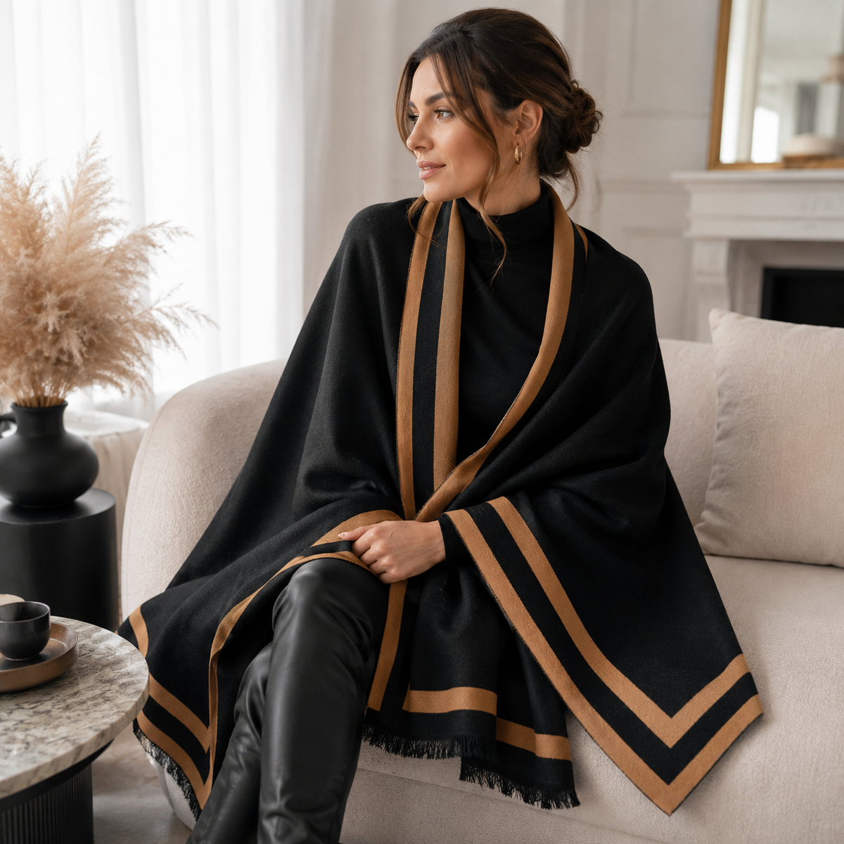 Black & Camel Reversible Striped Shawl Wrap with Fringe Edges