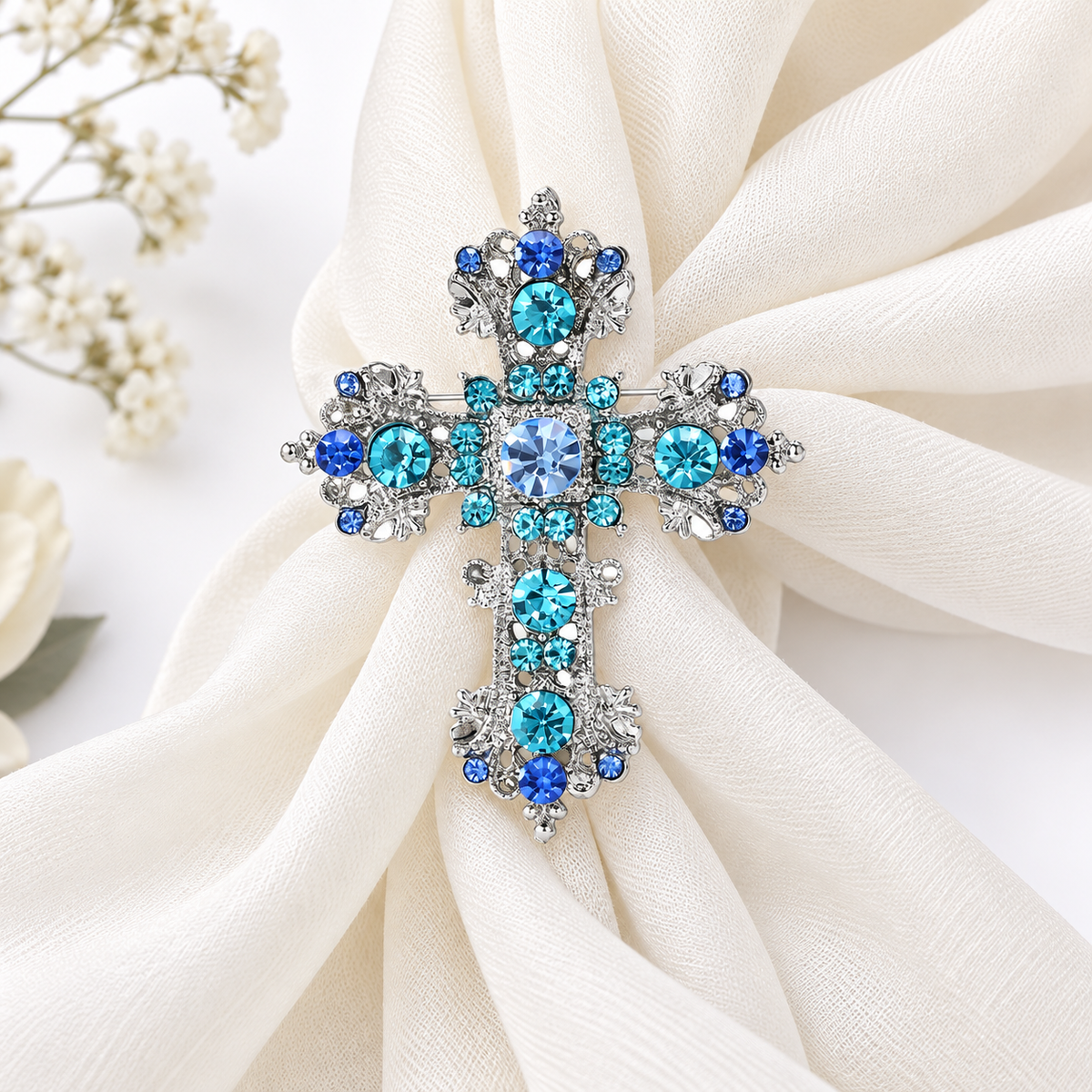 2-Piece Blue & Iridescent Jeweled Cross Brooch Set