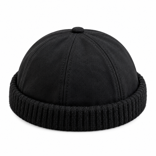 Black Adjustable Brimless Docker Cap with Ribbed Rolled Cuff