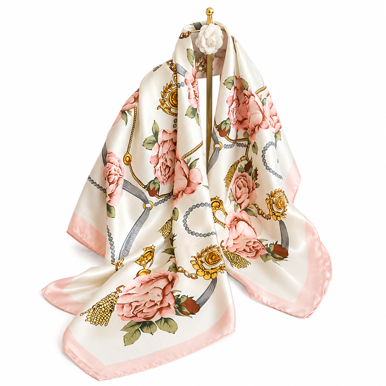 Floral Rose Silk Blend Square Scarf | Pink Gold Chain Print | 35" x 35"