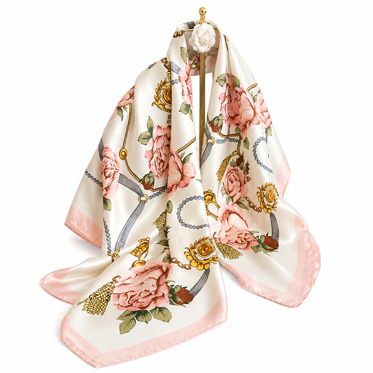 Floral Rose Silk Blend Square Scarf | Pink Gold Chain Print | 35" x 35"