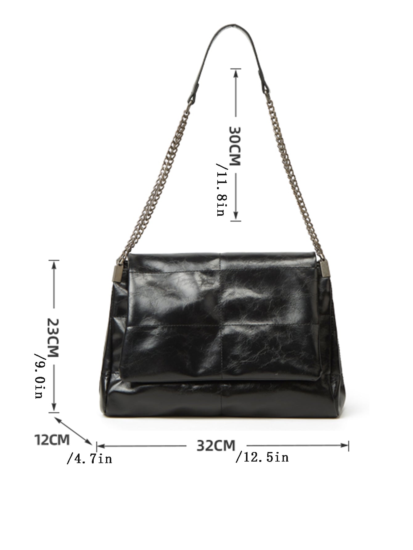 Black Quilted Faux Leather Chain Shoulder Bag Multi Compartment Purse