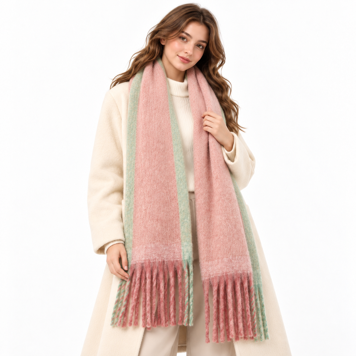 Oversized Winter Scarf in Blush Pink & Sage Green