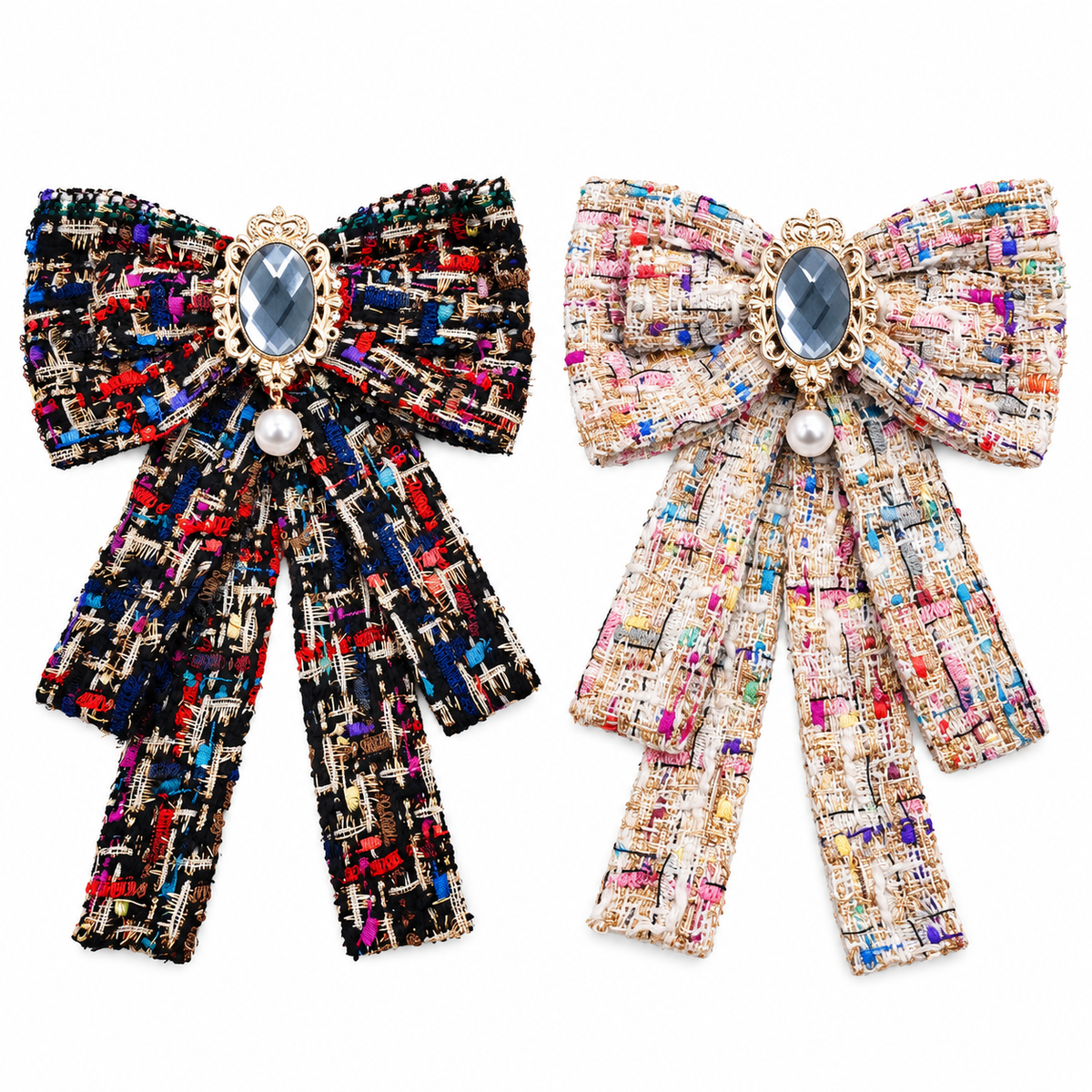 Oversized Tweed Bow Brooch Set with Faux Pearl Drops – Black & Cream, 2 Pieces