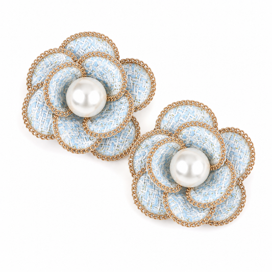2pcs Pearl Accent Chain Rim Tweed Floral Brooch Hair Clips