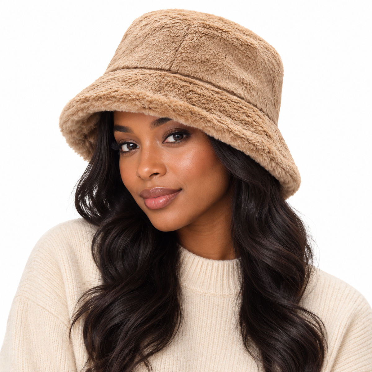 Camel Faux-Fur Bucket Hat for Women