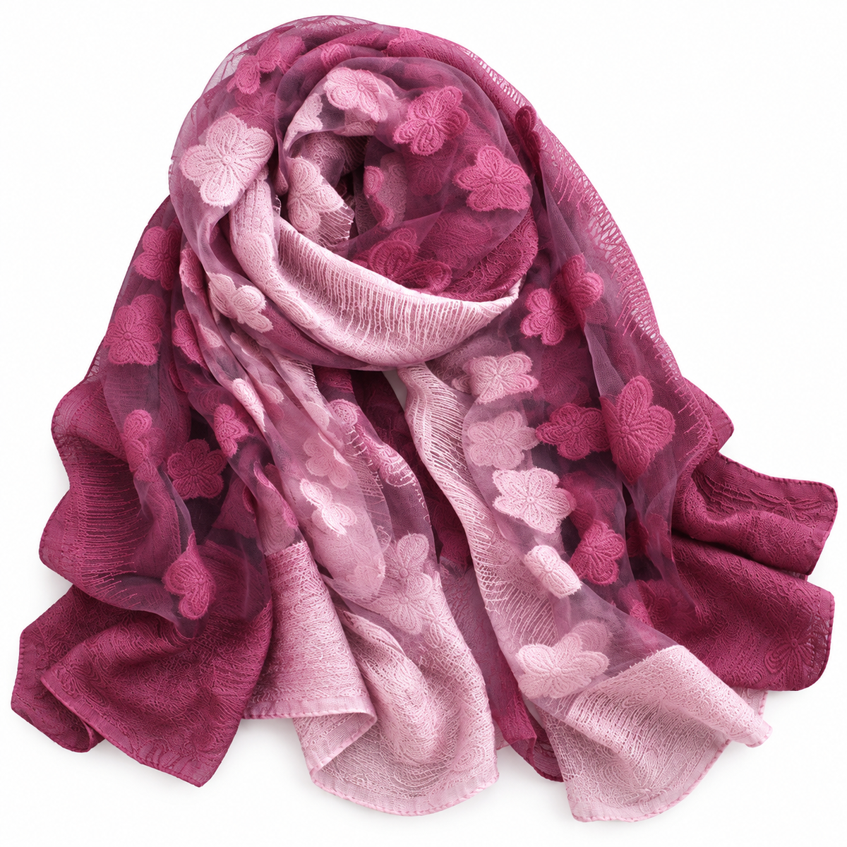 Pink & Burgundy Floral Sheer Scarf – Long Wrap Shawl
