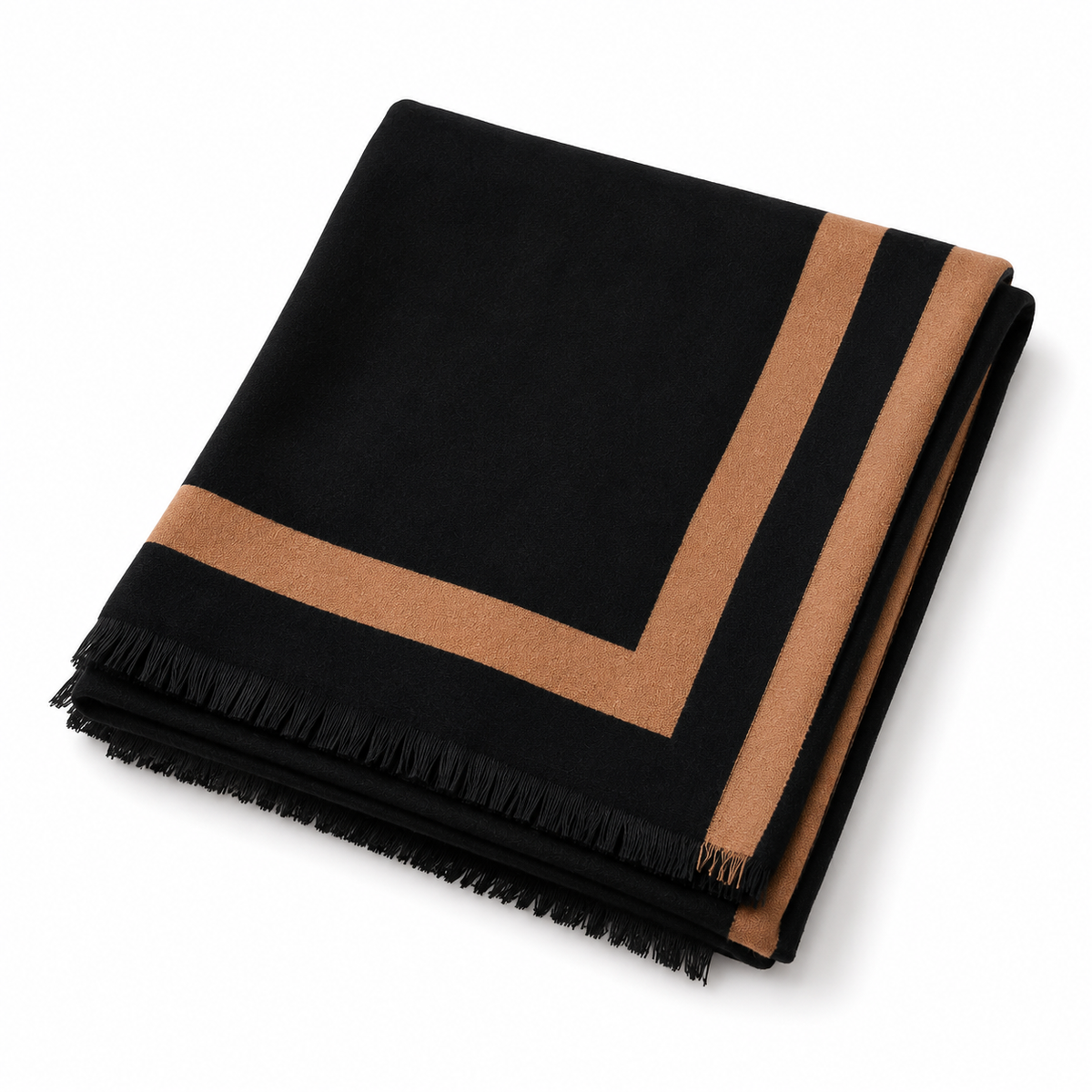 Black & Camel Reversible Striped Shawl Wrap with Fringe Edges