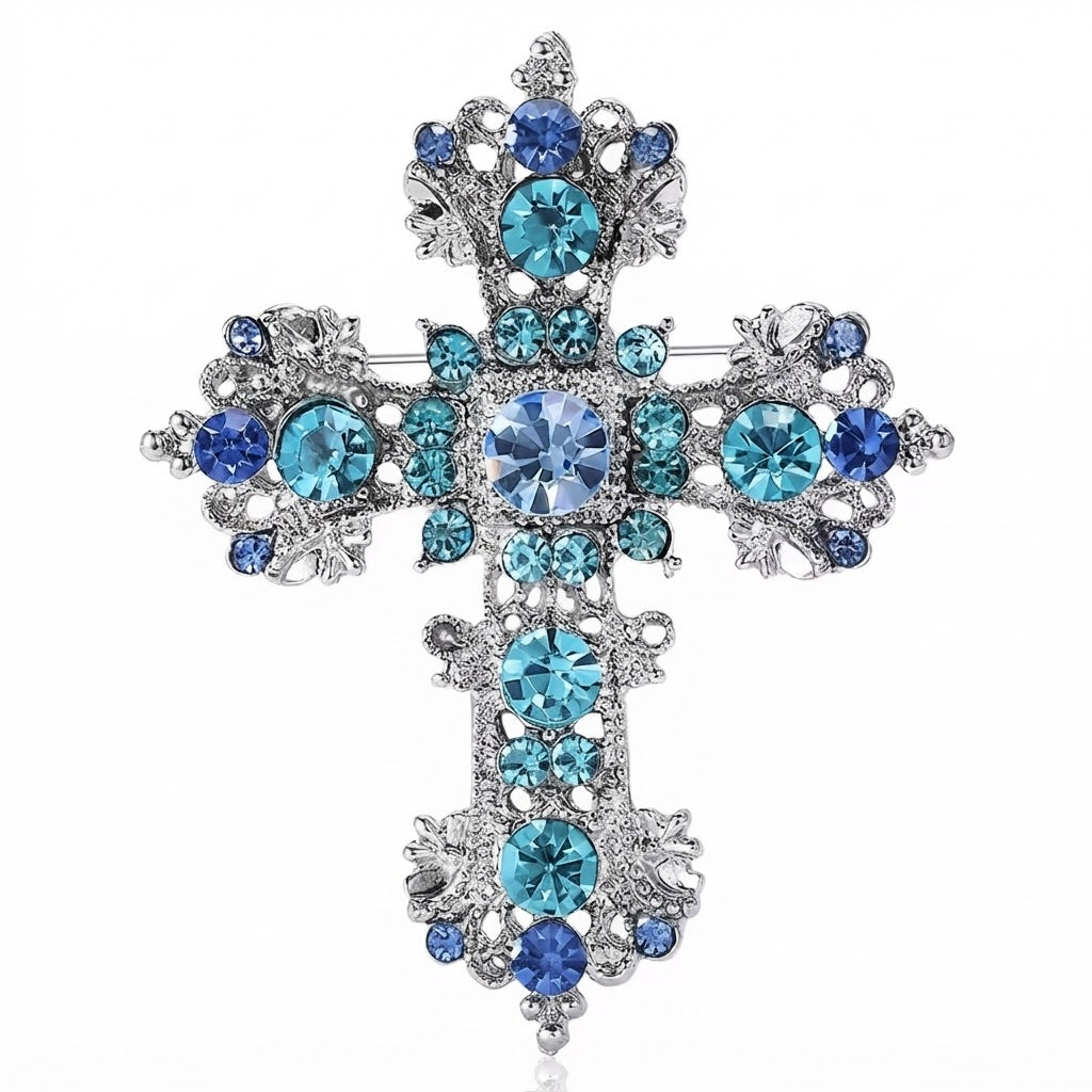 Blue Rhinestone Cross Brooch Pin Vintage Religious Pendant Silver Tone Jewelry