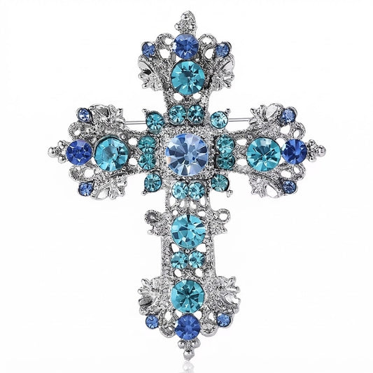 Blue Rhinestone Cross Brooch Pin | Vintage Religious Pendant | Silver Tone Faith Jewelry