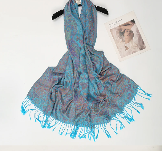 75x28 Inch Thick Paisley Print Pashmina Scarf for Women Tassel Shawl Wrap Blue