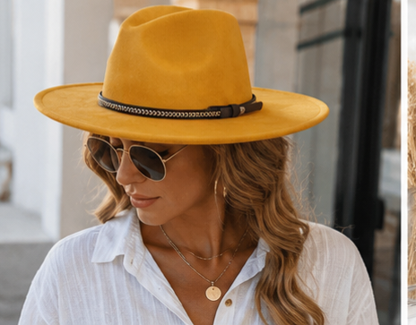 Women's Wide Brim Faux Suede Fedora Hat with Chain Band | Classic Rancher Hat