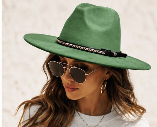 Women's Wide Brim Faux Suede Fedora Hat with Chain Band | Classic Rancher Hat