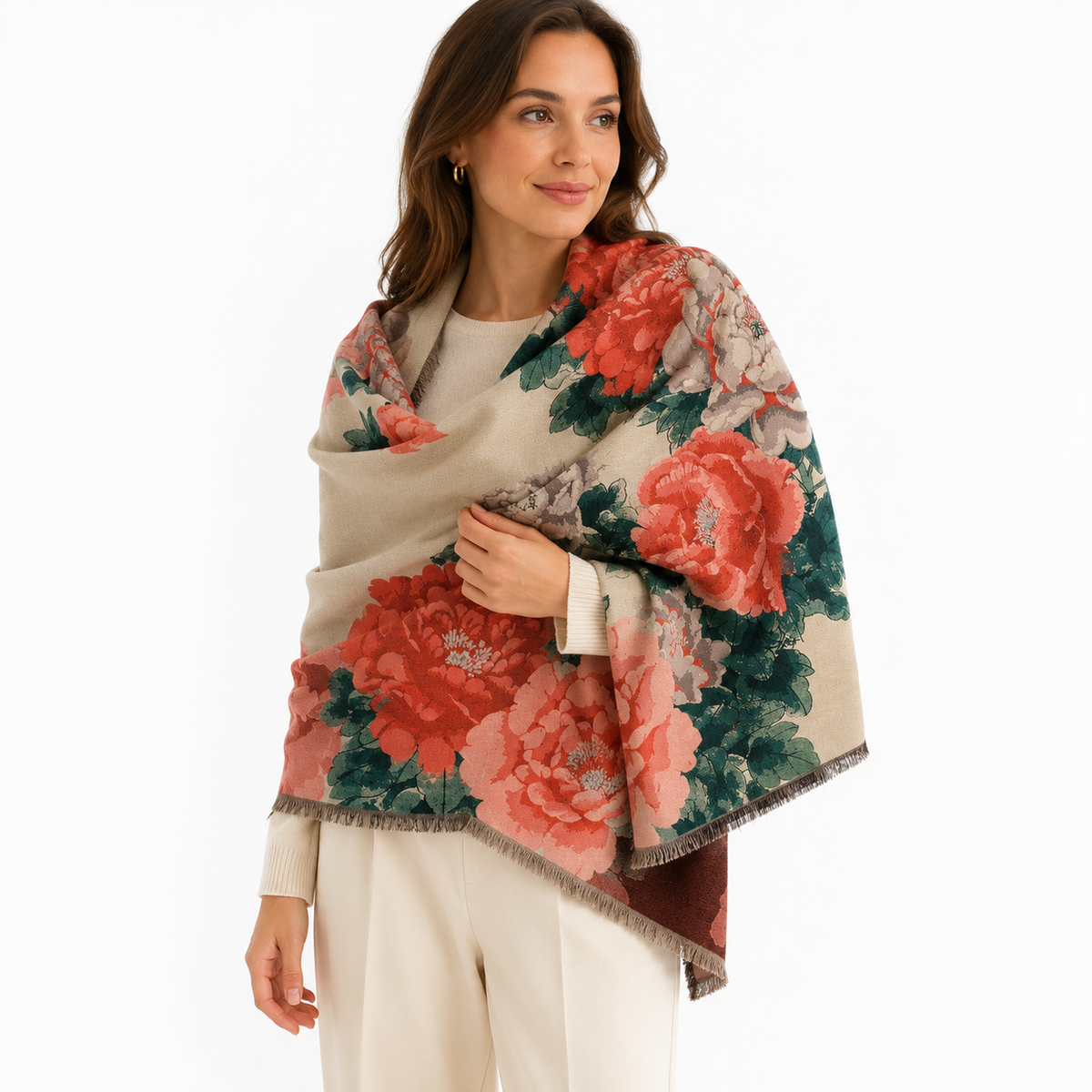 Oversized Peony Floral Cashmere-Feel Shawl Wrap | Red & Green Winter Pashmina Scarf