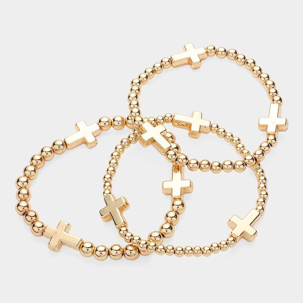 Metal Cross Pointed Ball Beaded Stretch Multi Layered Bracelets 3-Piece Set