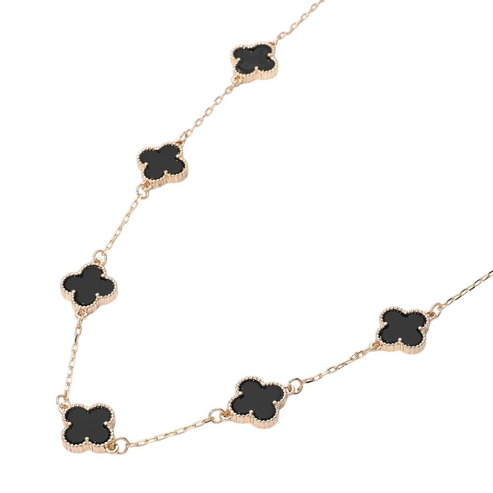 Gold Quatrefoil Black Stone Station Necklace for Women Jewelry Chain Necklaces
