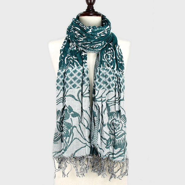 Forest Mist Fringe Shawl Women’s Green Floral Lightweight Scarf with Fringes