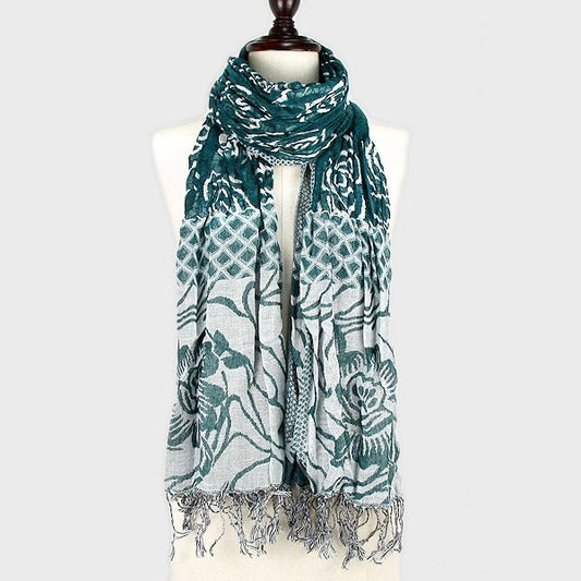 Forest Mist Fringe Shawl Women’s Green Floral Lightweight Scarf with Fringes