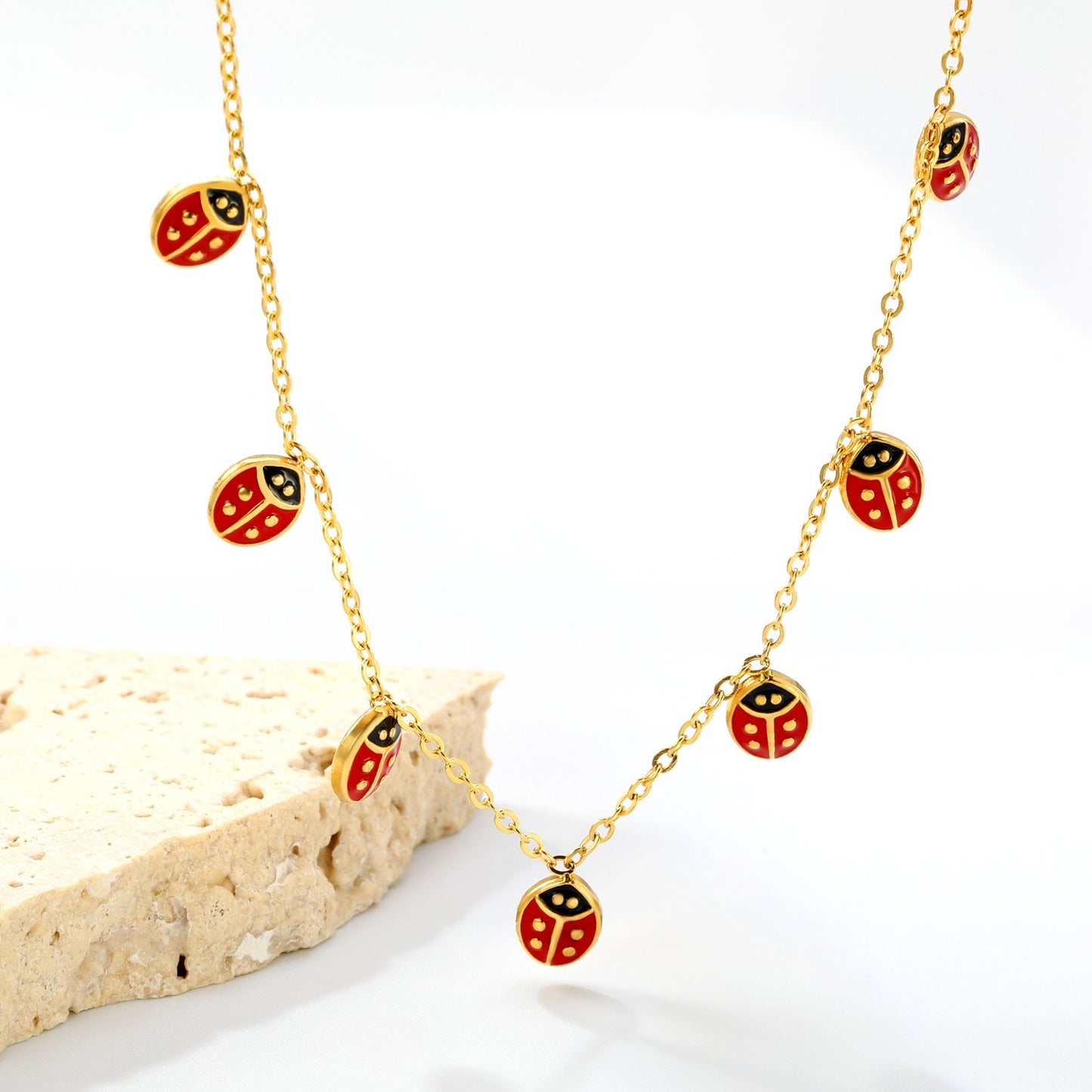 Charming Gold Tone Red Ladybug Dangle Charm Necklace for Women Girls