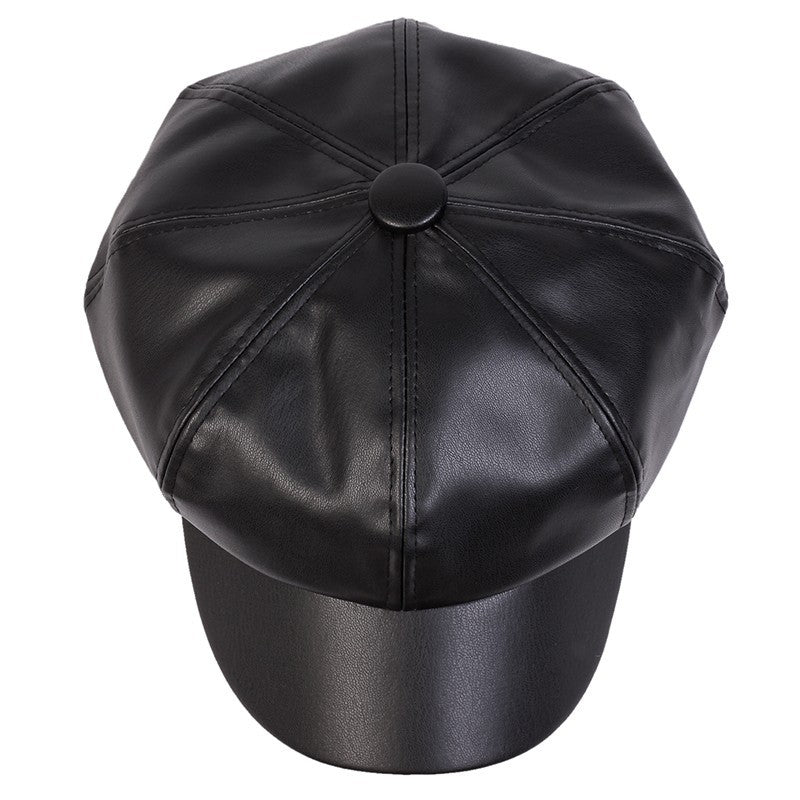 Black Faux Leather Newsboy Cap Baker Boy Hat Cabbie Flat Gatsby Driving Style