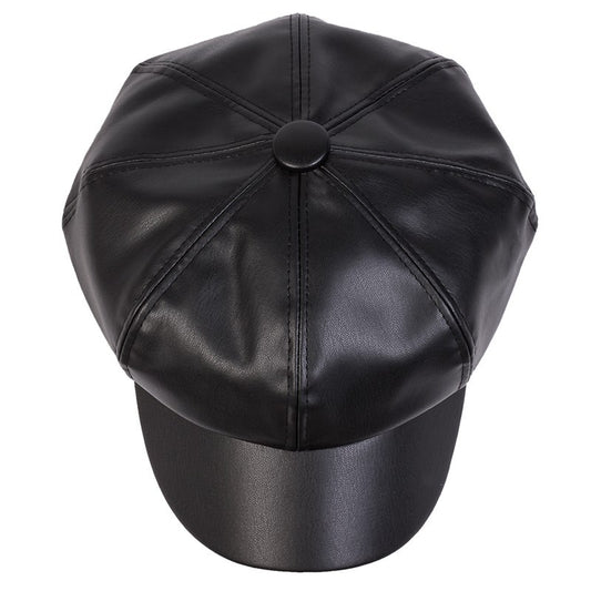 Black Faux Leather Newsboy Cap Baker Boy Hat Cabbie Flat Gatsby Driving Style