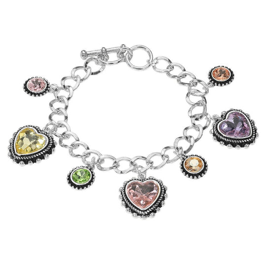 2pcs Heart Round Stone Charm Station Toggle Bracelet Silver Tone Jewelry