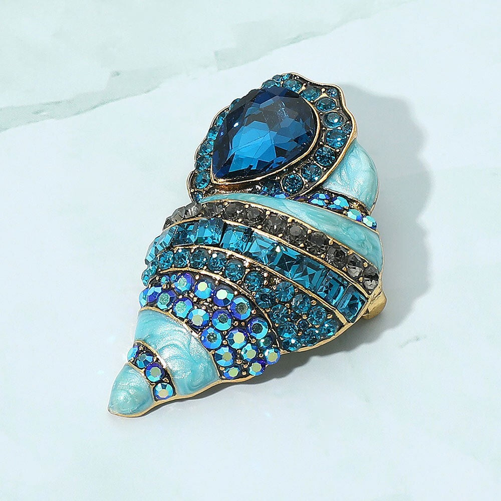 Stone Embellished Enamel Conch Seashell Brooch Pin for Women Nautical Jewelry