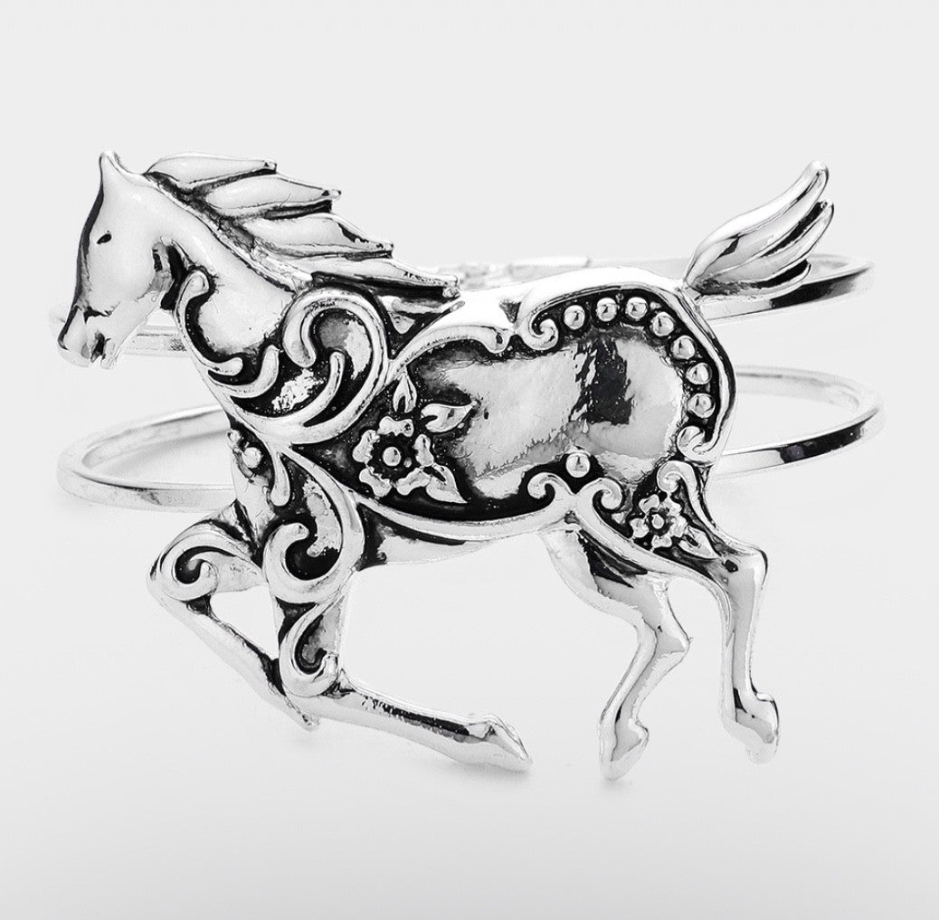 Silver Ornate Western Running Horse Hinged Cuff Bracelet - Equestrian Jewelry