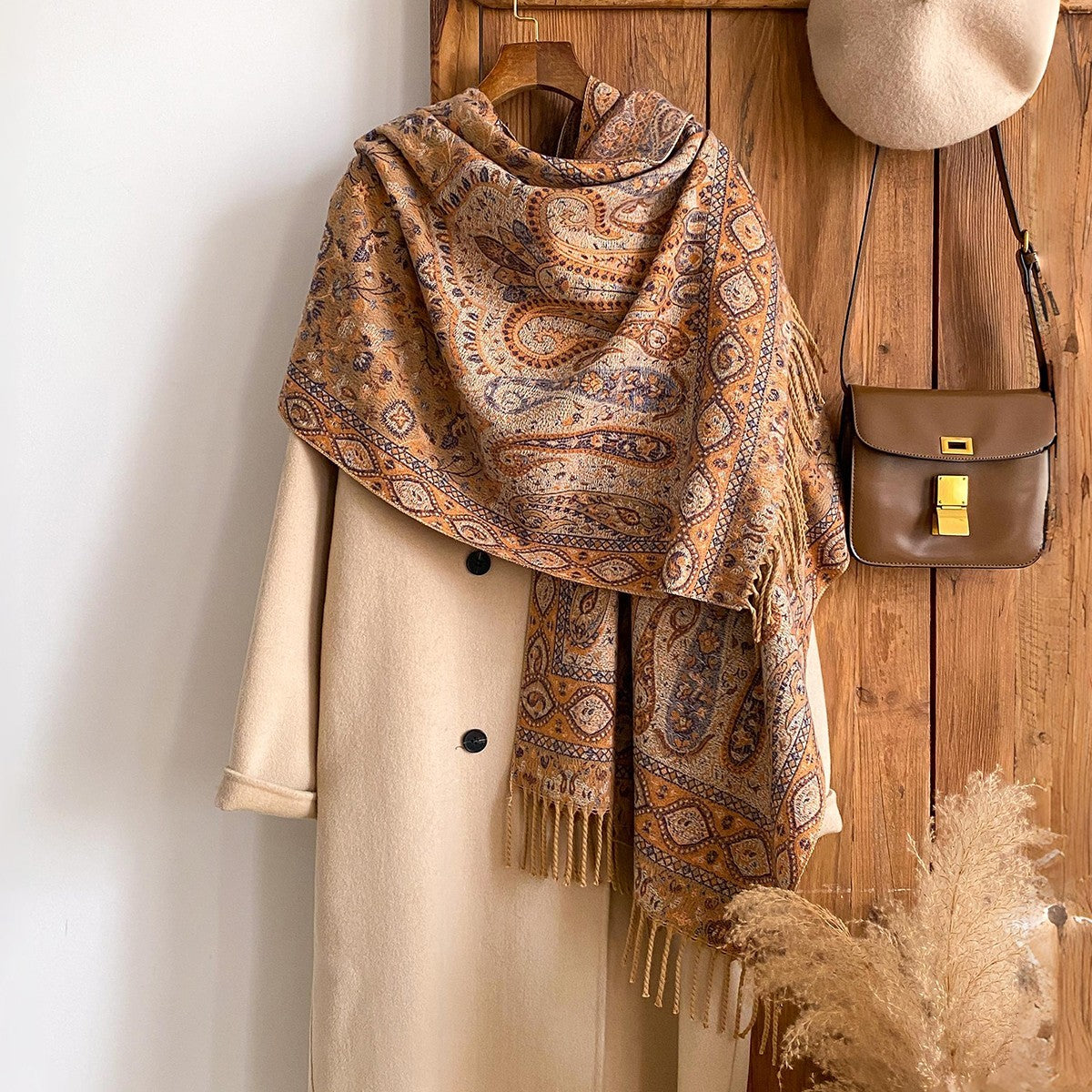 Paisley Scarf Cashmere Feel Soft Polyester 25in x 79in Brown Orange Fringe Wrap