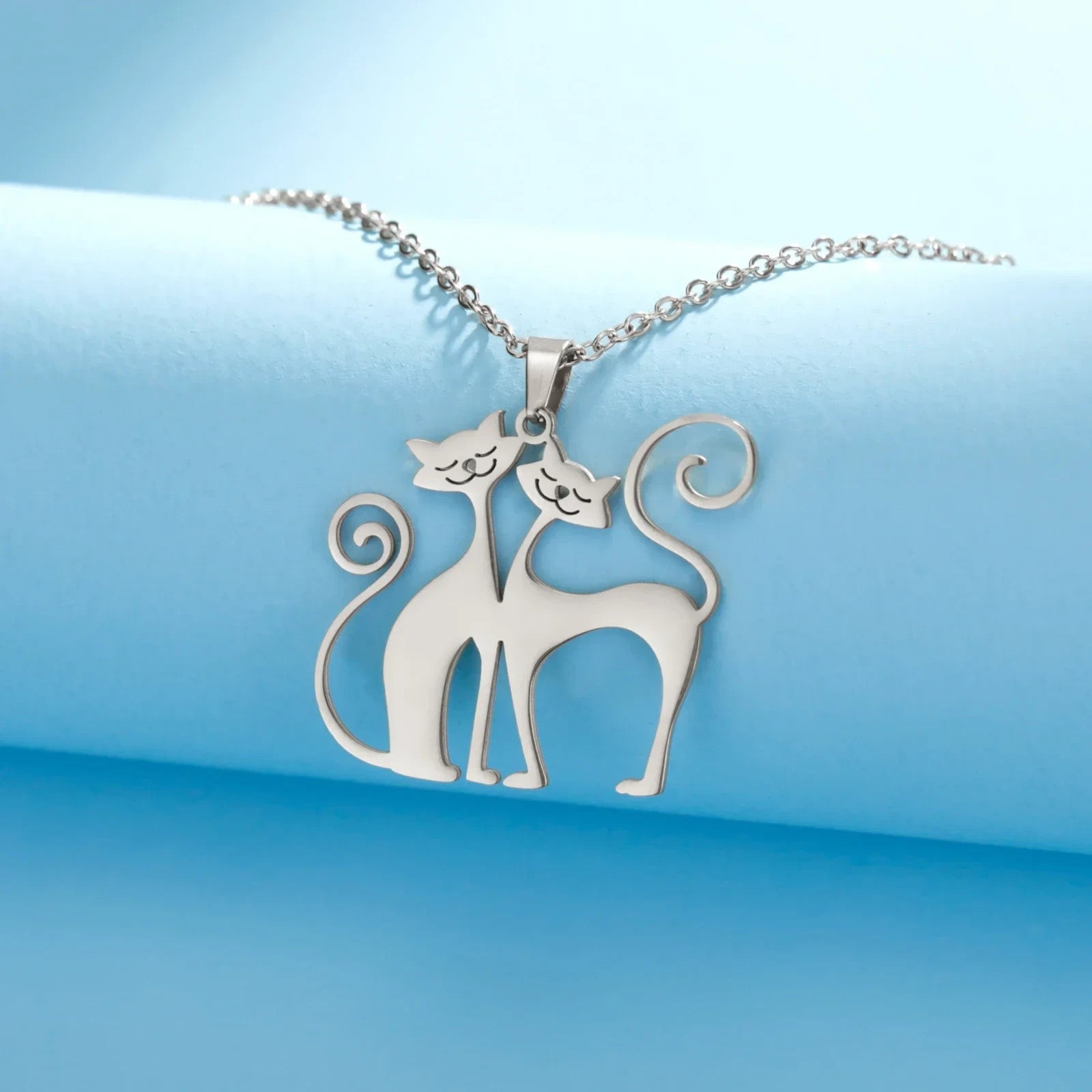 Crouching Cat Pendant Stainless Steel Necklace for Women Cute Animal Jewelry