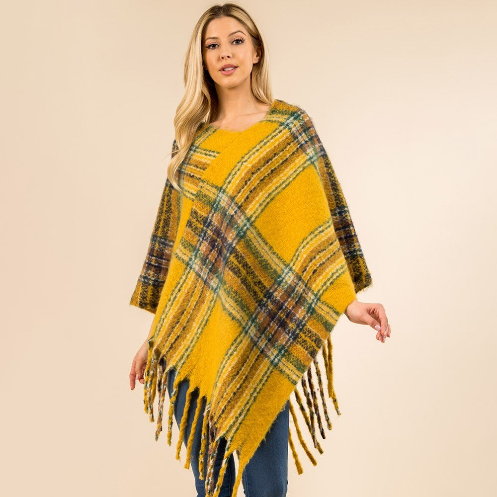 Plaid Poncho Women Fringe Hem Knit Shawl Wrap Cape Winter Layering Cozy