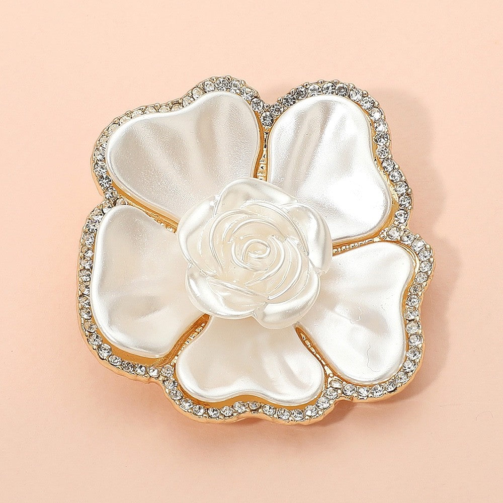 White Pearlescent Camellia Rose Flower Gold Tone Rhinestone Statement Brooch Pin