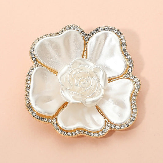 White Pearlescent Camellia Rose Flower Gold Tone Rhinestone Statement Brooch Pin