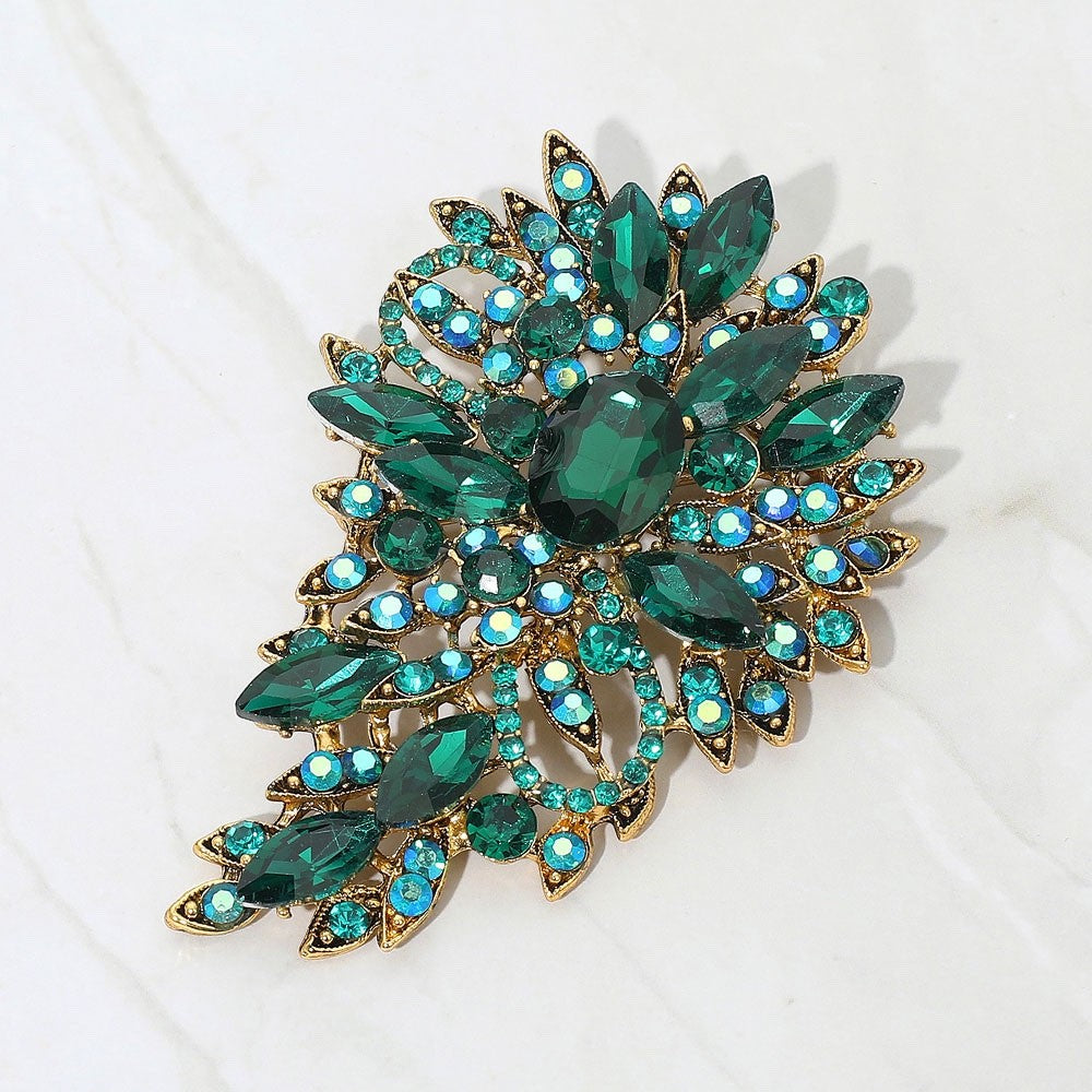 Large Emerald Green Crystal Rhinestone Teardrop Floral Statement Brooch Pin