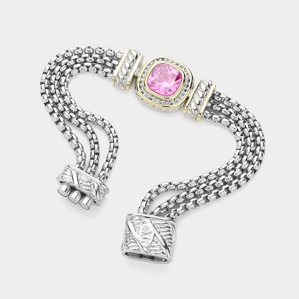 Silver Tone Magnetic Bracelet with Pink Square CZ Stone and Woven Chain Design
