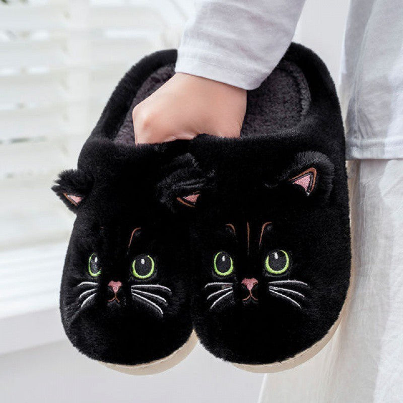 Black Cat Fuzzy Slippers US 7.5-8.5 Warm Indoor House Shoe Anti-Slip Sole