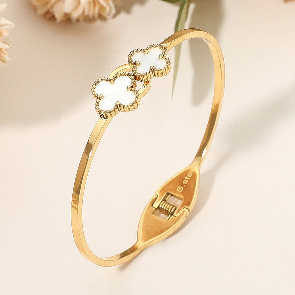 2-Pcs Gold Tone White Clover Bangle Bracelets Stainless Steel Hinged Women Gift