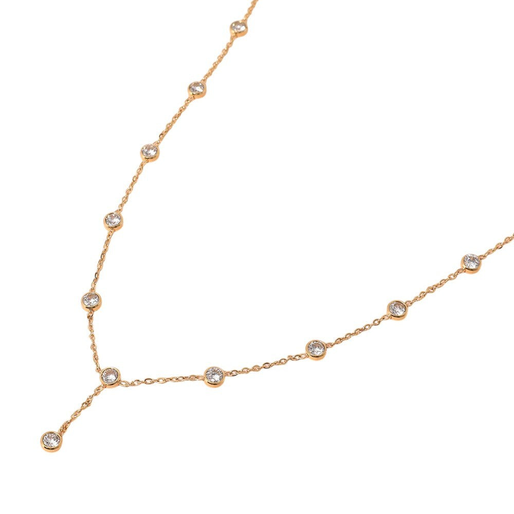 Gold Tone CZ Bezel Station Necklace with Dangling Pendant Women’s Jewelry Gift