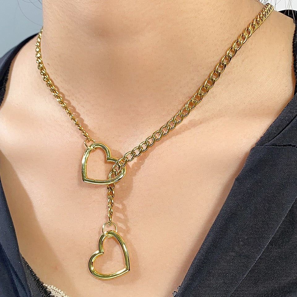Gold Double Heart Lariat Necklace Adjustable Curb Chain Y Shape Statement
