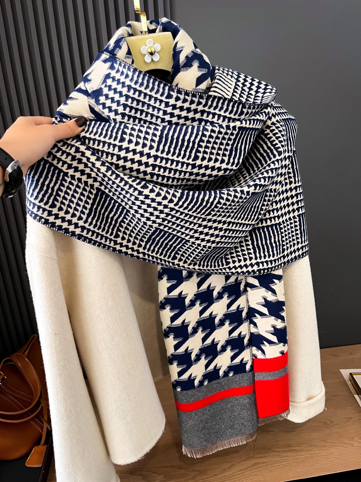 Oversized Navy Houndstooth Scarf Red Gray Block Polyester Geometric Shawl Wrap