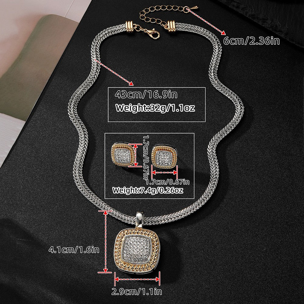 Two Tone Crystal Cushion Pendant Necklace with Braided Chain Earrings Set