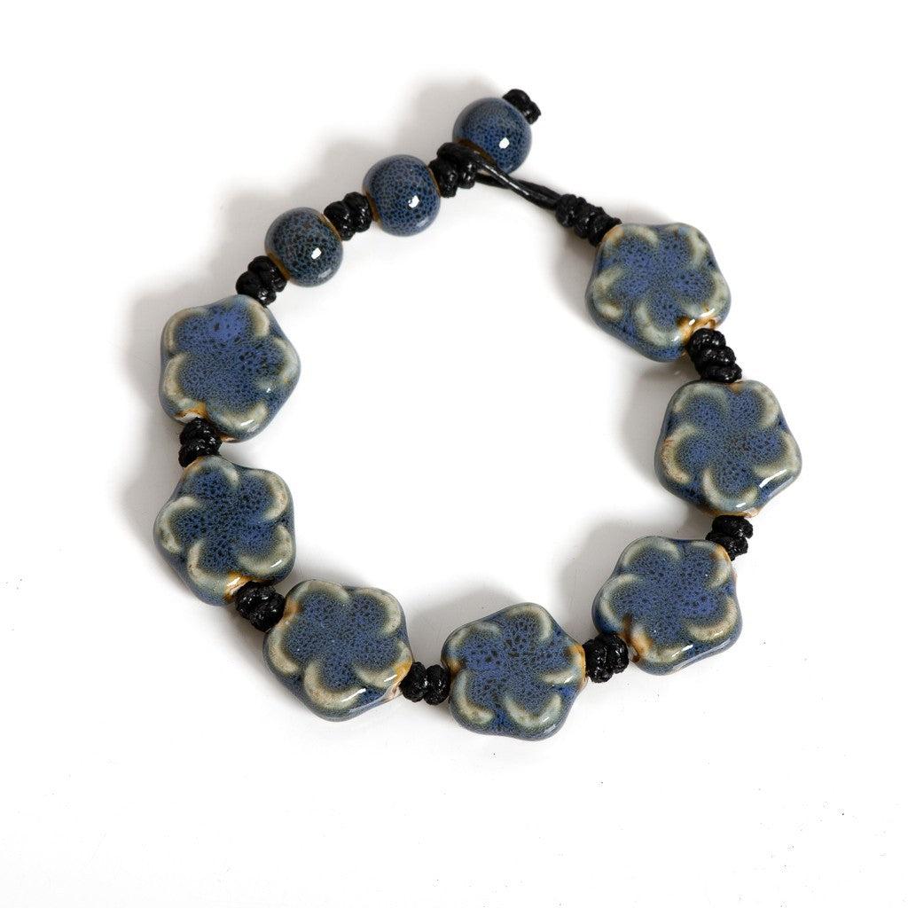 2Pc Handmade Ceramic Bracelet Set Glazed Pottery Pink & Blue Flower Bead Jewelry