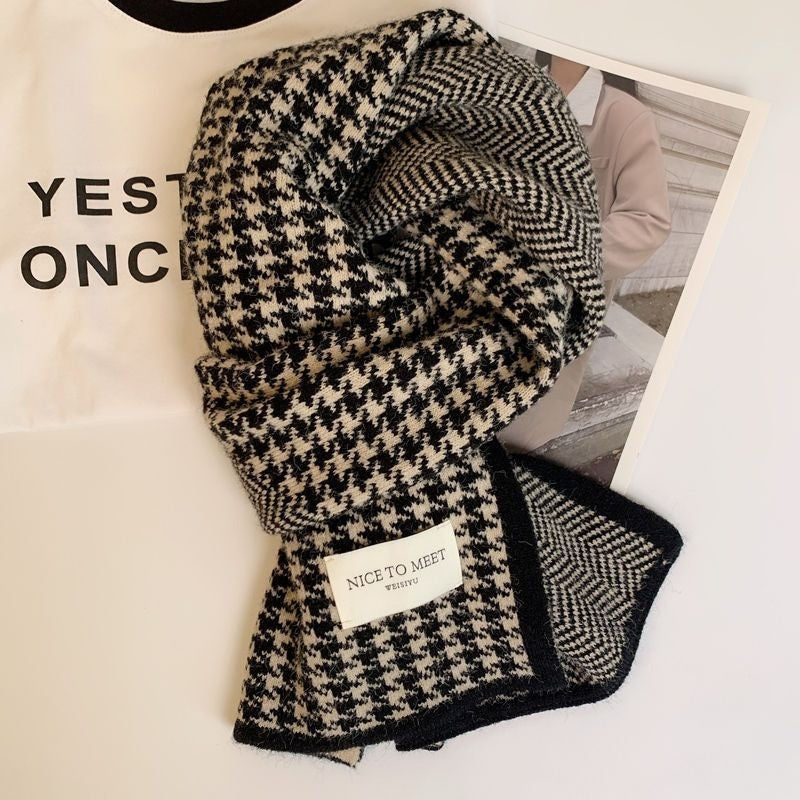2PCS Houndstooth Winter Scarf Set Women Men Knit Warm Soft Fashion Style