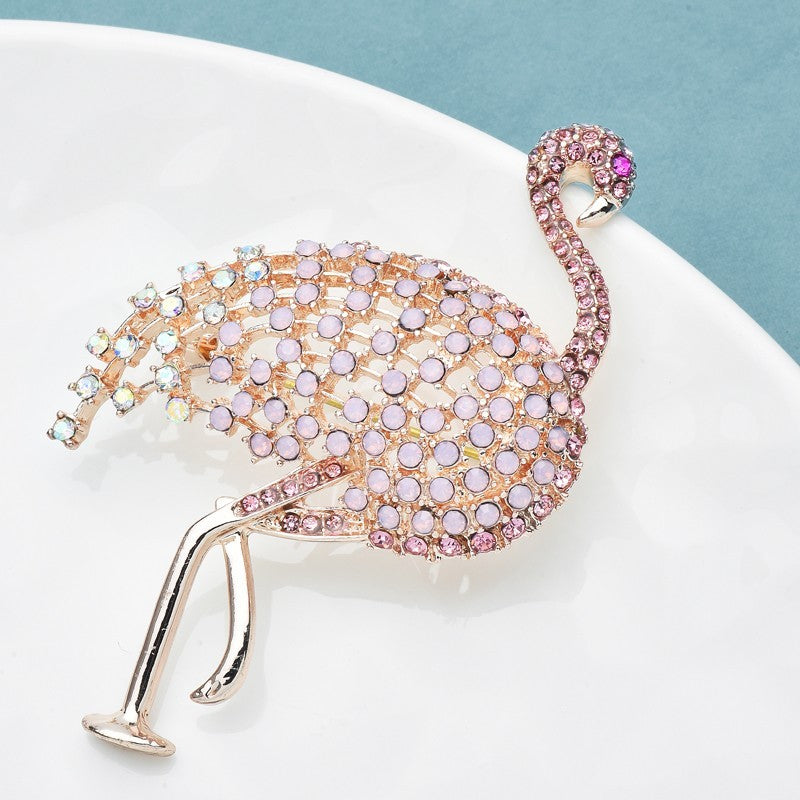 Pink Rhinestone Flamingo Brooch Pin Bird Animal Fashion Jewelry Crystal