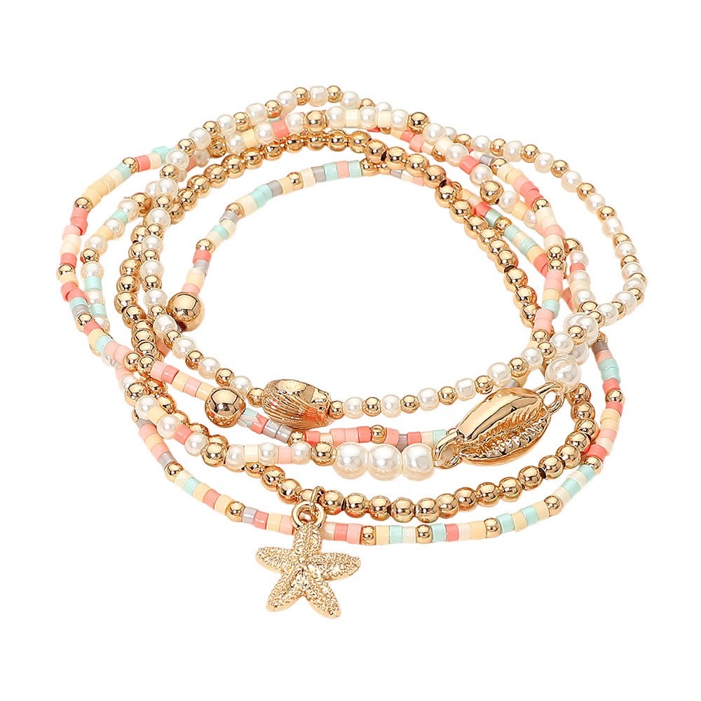 5pc Gold Starfish & Cowrie Shell Beaded Bracelet Set - Boho Coastal Beach Set