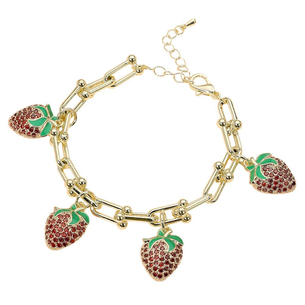 14K Gold Plated Strawberry Charm Bracelet CZ Stone Paved Hardware Chain Jewelry