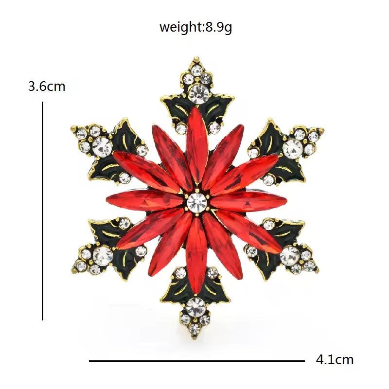 Red Poinsettia Snowflake Brooch: Crystal Holiday Pins for Women